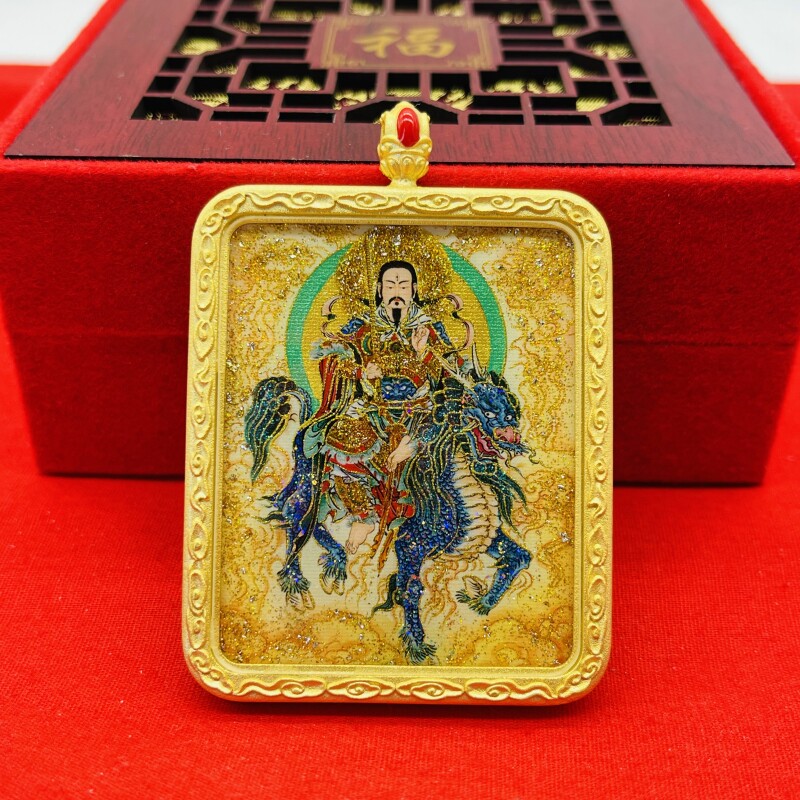 正品洒金手绘雷祖唐卡道牌护身符吊坠金色噶乌盒