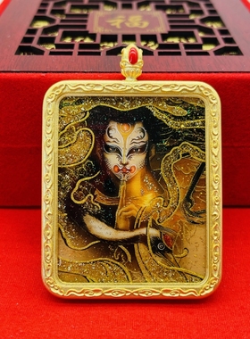 正品洒金纯手绘白鹤童子唐卡道牌护身符吊坠铜镀金噶乌盒