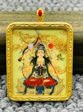 正品洒金手绘斗姆元君唐卡道牌护身符吊坠铜镀金噶乌盒
