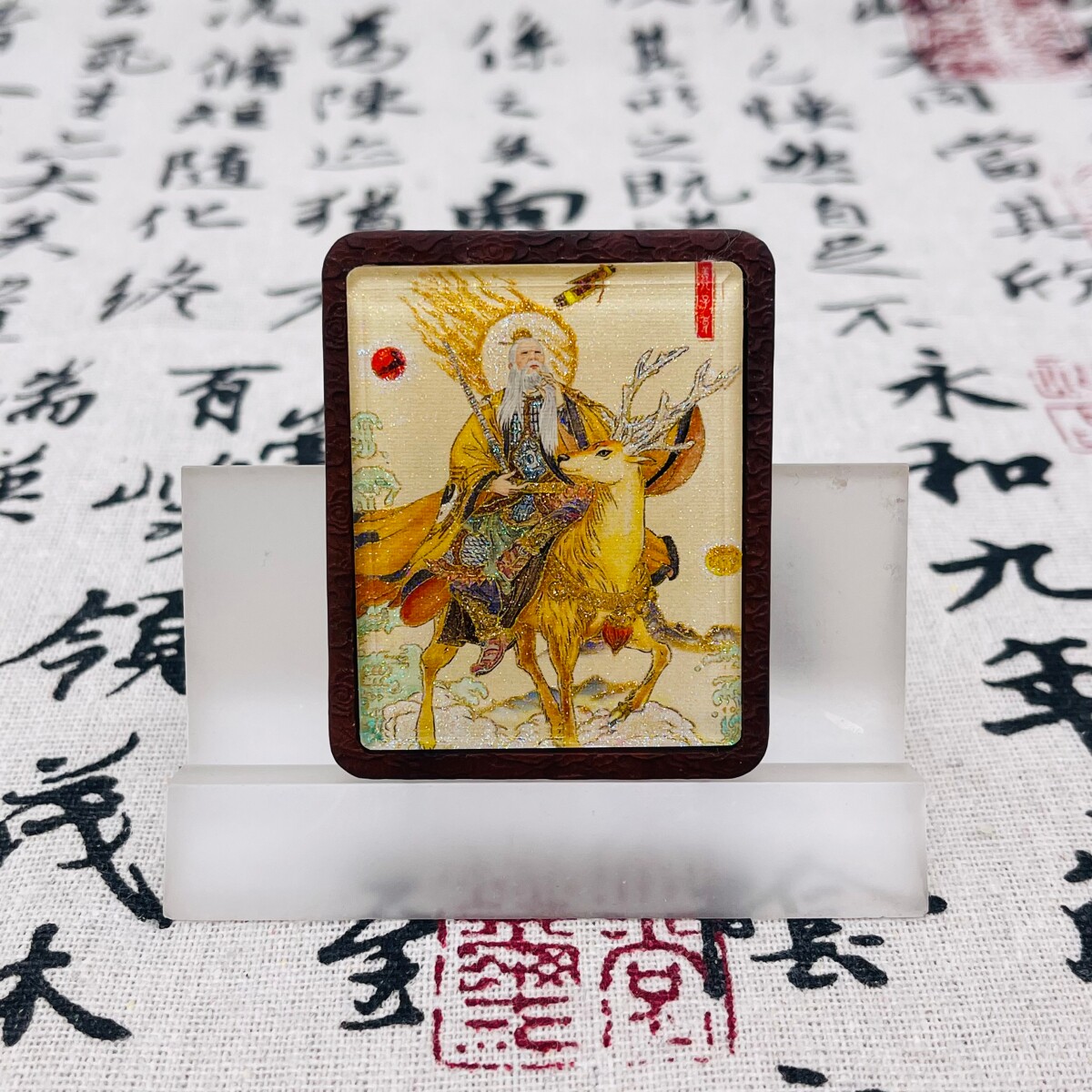 双面洒金手绘姜子牙姜太公+纯手绘玄鸟枣木唐卡道牌吊坠镶银北斗