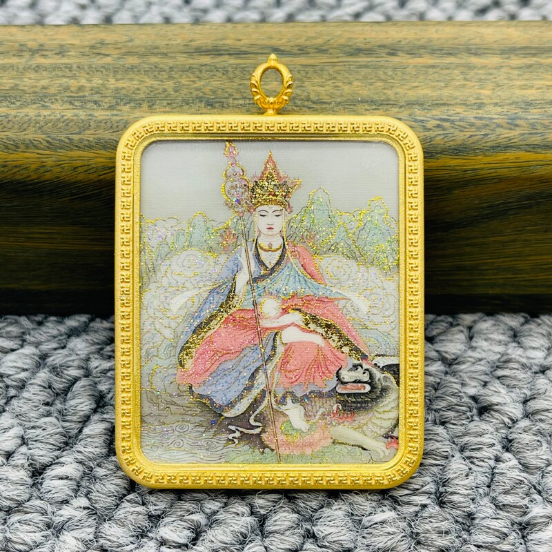 正品洒金手绘地藏王菩萨唐卡佛牌护身符吊坠牌金色噶乌盒