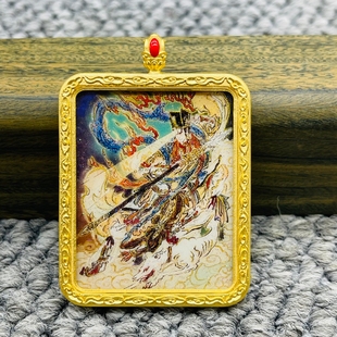 正品洒金纯手绘二郎真君杨戬唐卡道牌护身符吊坠铜镀金噶乌盒