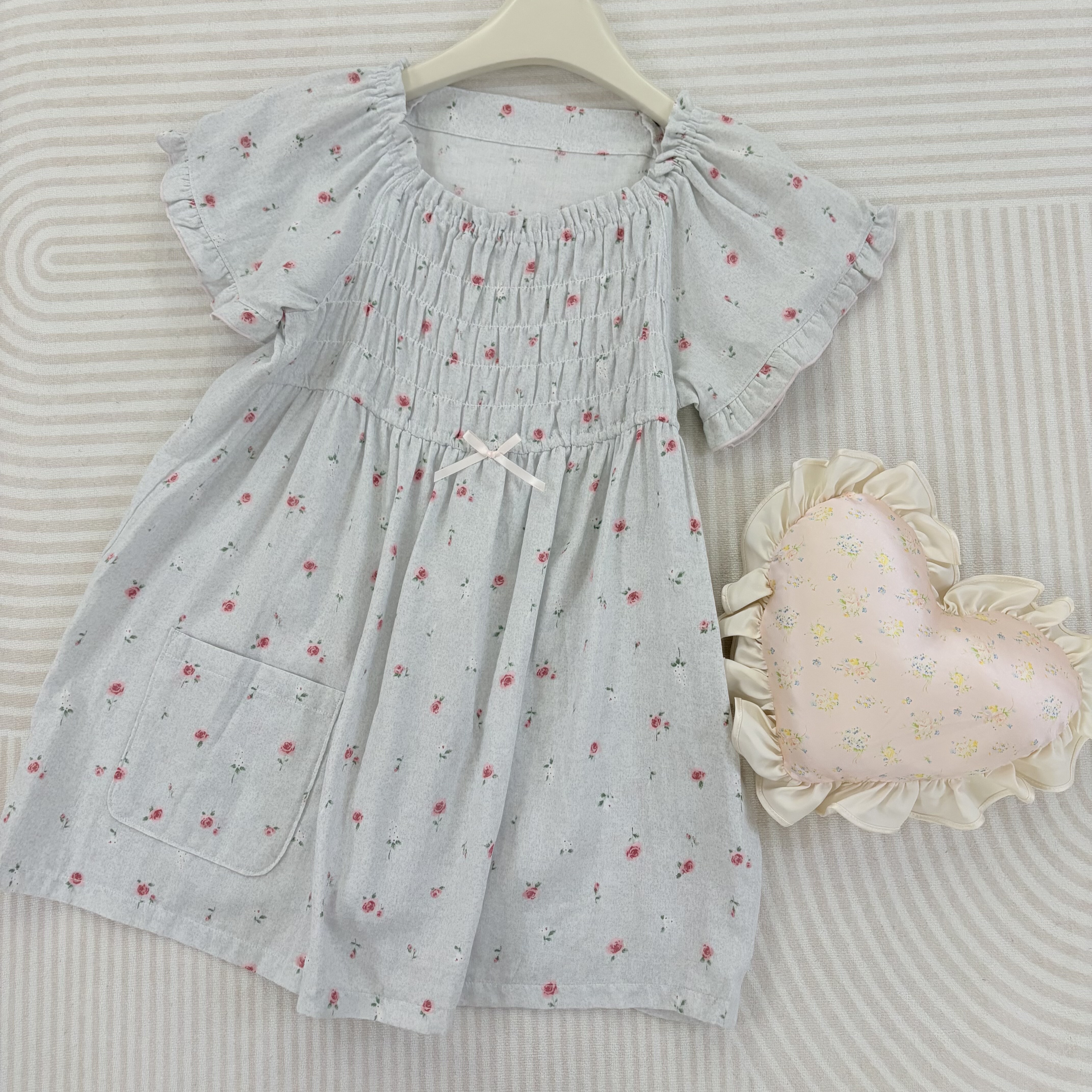 日本 Narue 甜美法式荷叶袖纯棉双层纱布短袖家居服睡衣单件上衣
