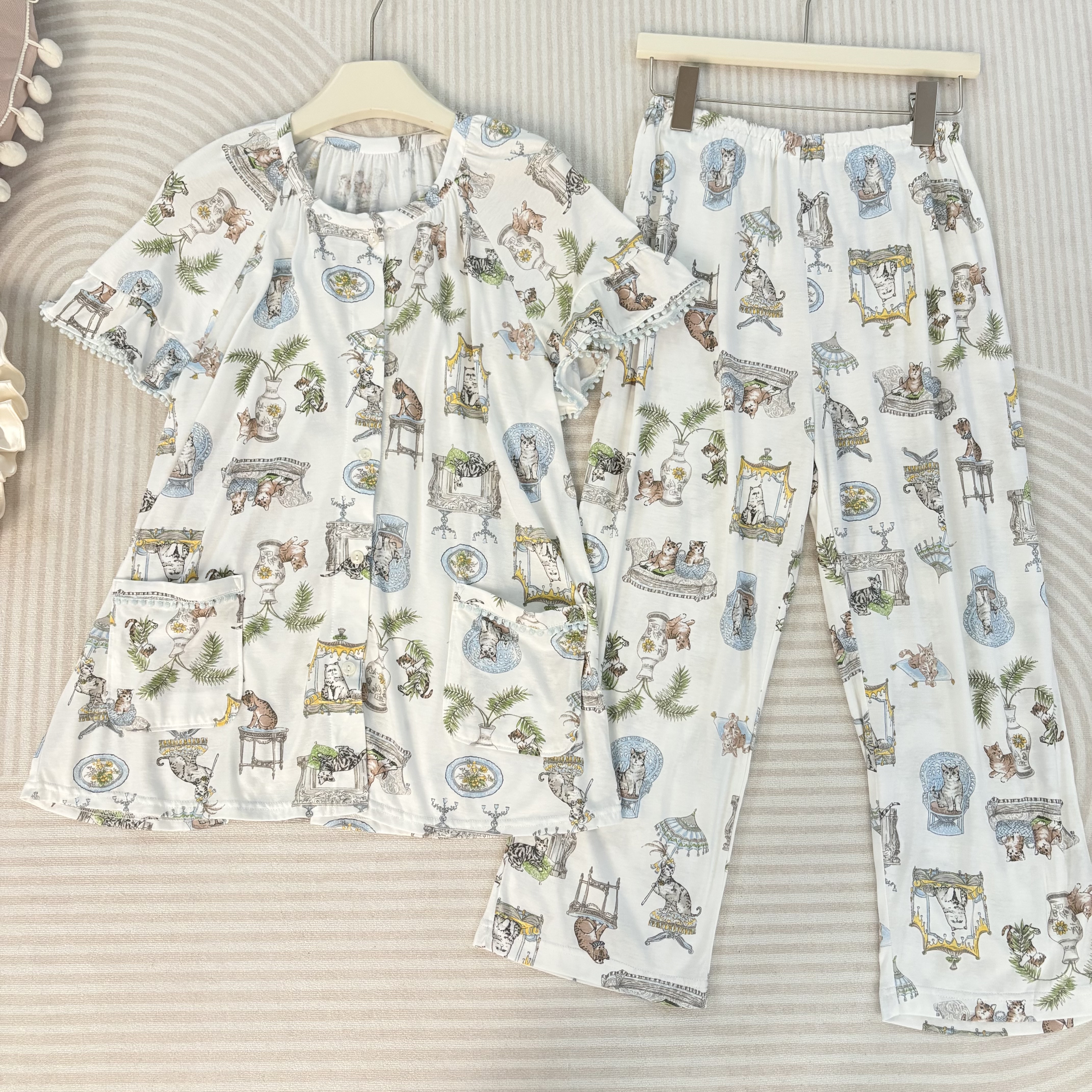 日本 moon tan narue 猫咪印花天丝棉短袖八分裤家居服女睡衣套装