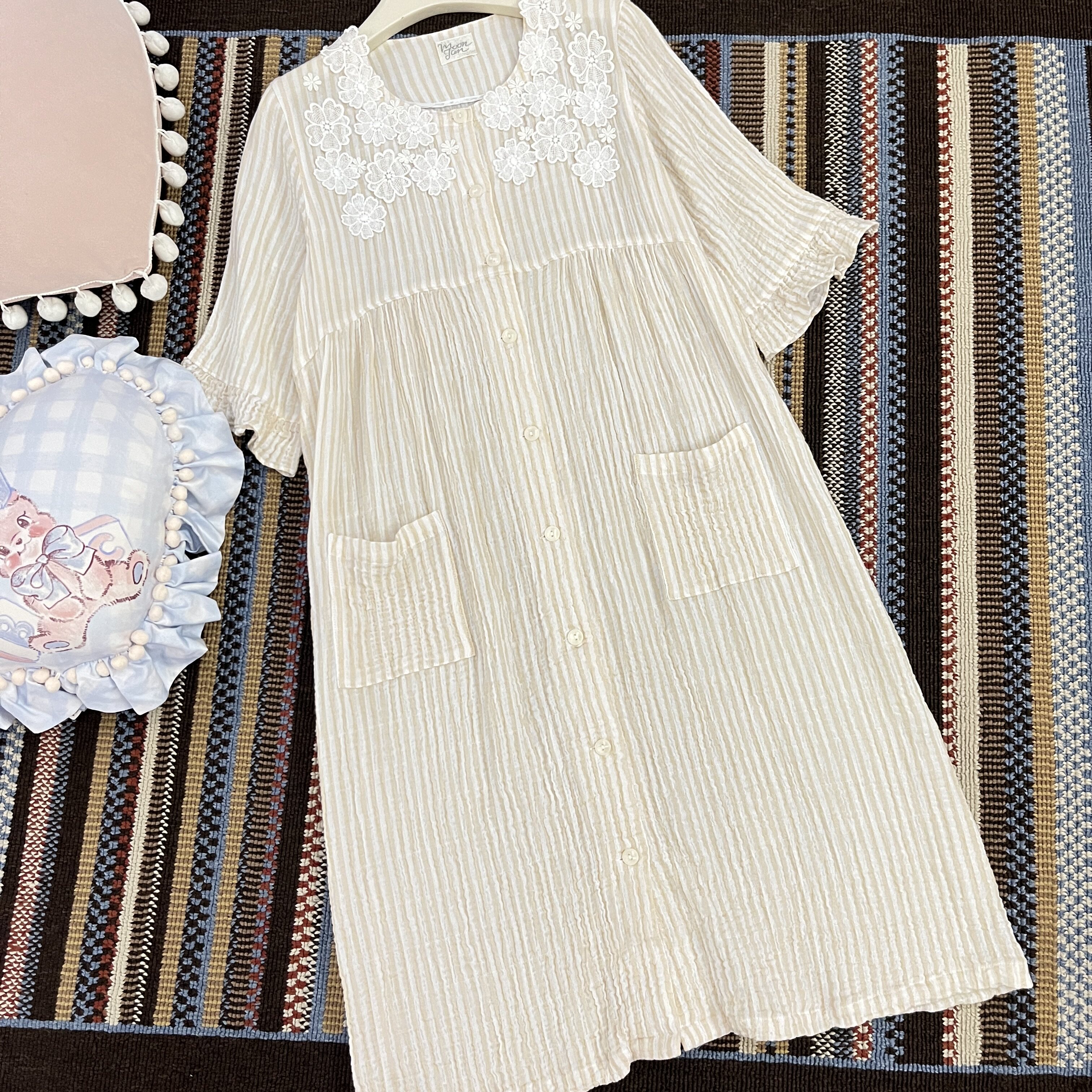 日本 Narue moon tan 甜美奶油泡芙褶皱纱布荷叶袖短袖家居服睡裙