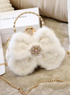 CANA&KANA高级小众设计洋气水貂毛毛蝴蝶结手提包包单肩斜挎新款