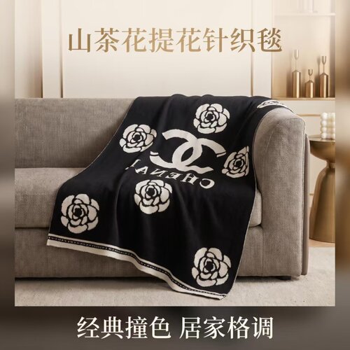 山茶花空调毯午睡毯双面印花毛毯黑白拼色针织毯沙发盖毯侘寂风