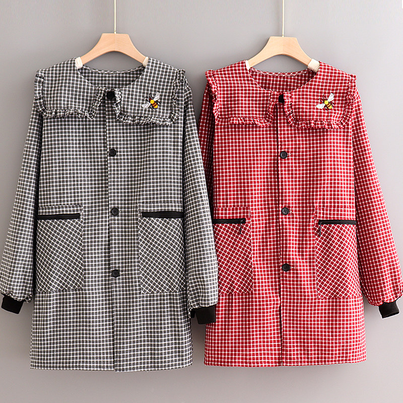 韩版新款长袖围裙女上班厨房做饭防油污可爱大人罩衣拉链工作服男