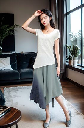 凯澜圣迪奥夏装新品女装全棉修身常规圆领绣花麻棉短袖T恤少女