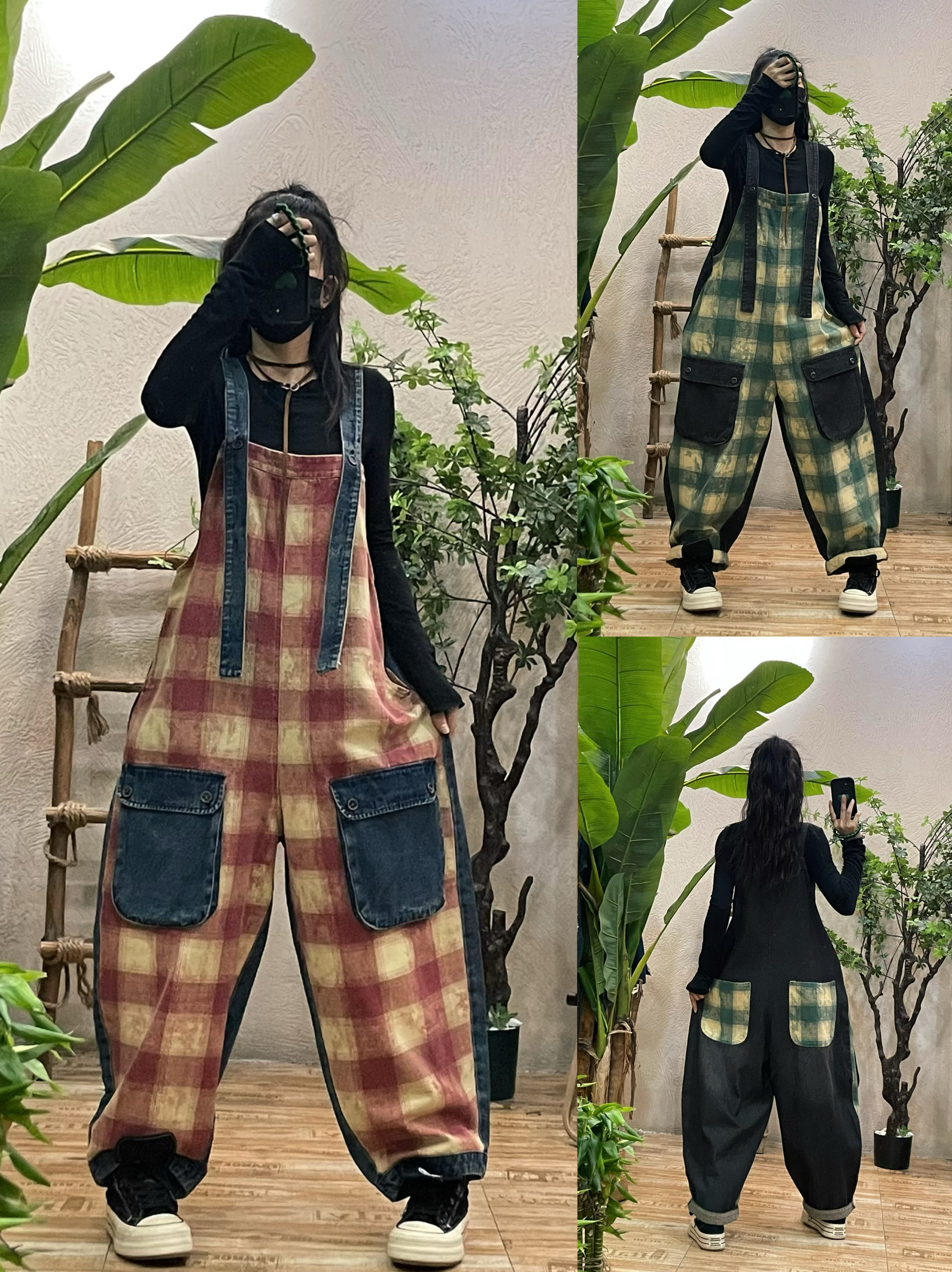 原创/复古格子牛仔背带裤女春秋新款宽松个性休闲工装阔腿连体裤