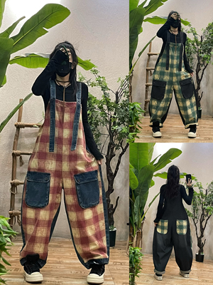 原创/复古格子牛仔背带裤女春秋新款宽松个性休闲工装阔腿连体裤