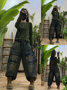 复古做旧加绒工装牛仔裤女 冬季新款宽松休闲个性显瘦哈伦九分裤