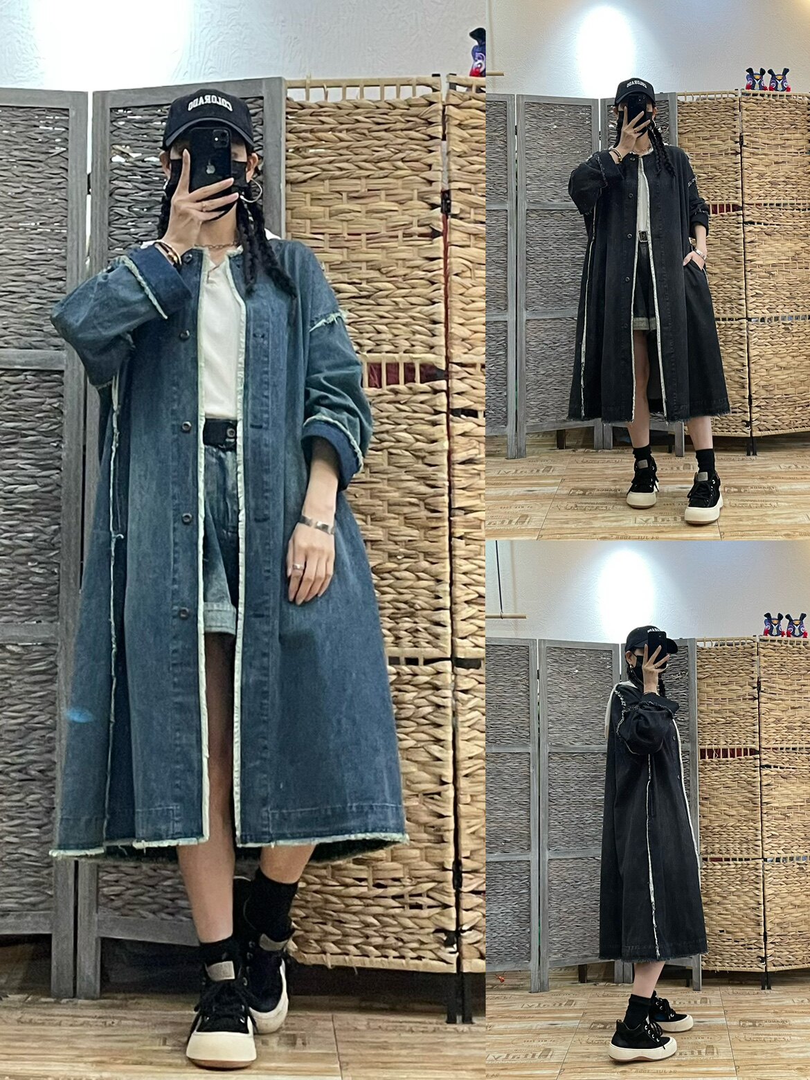 复古毛边牛仔中长款外套 时尚潮流女装宽松大码显瘦百搭通勤风衣
