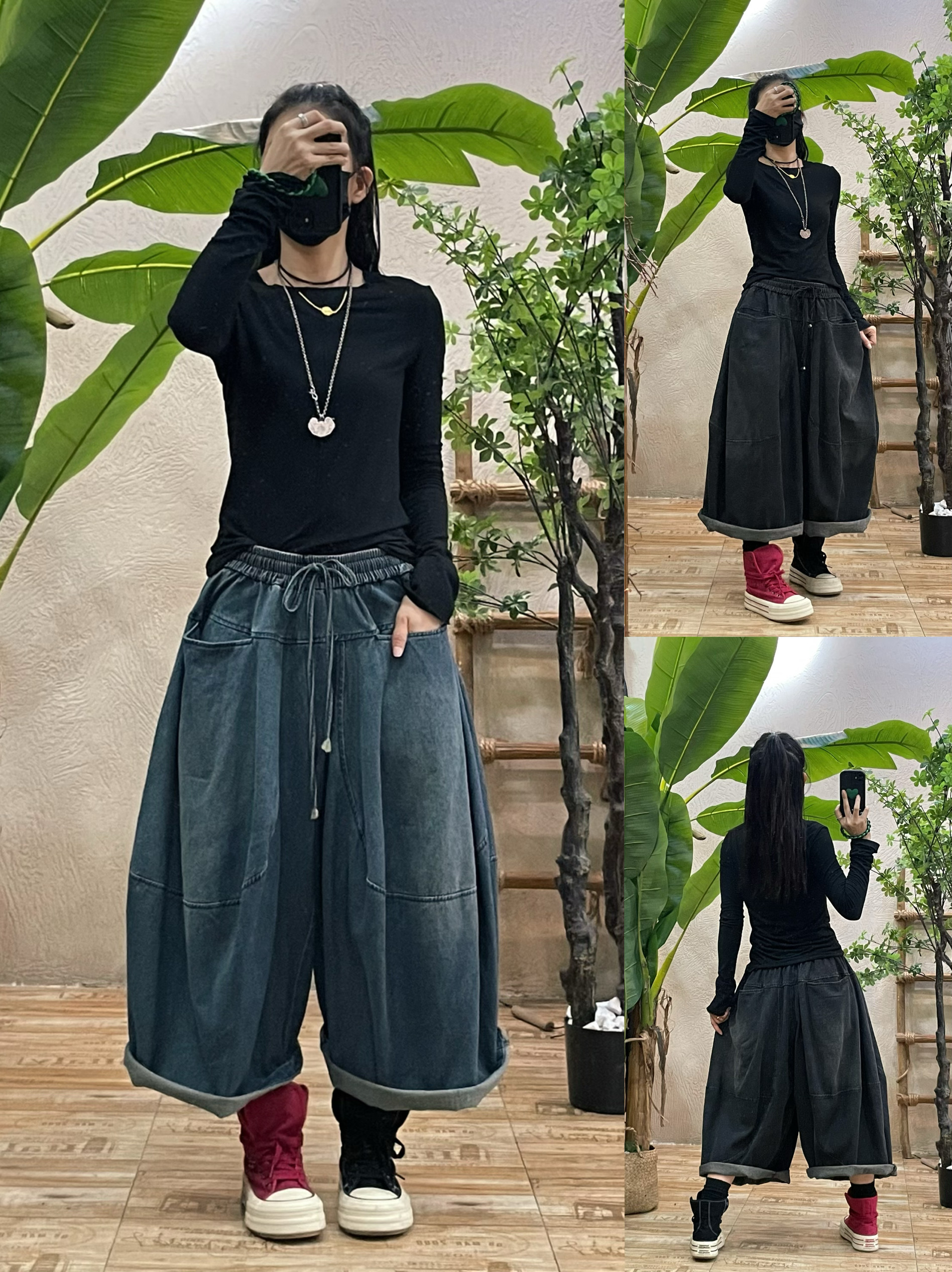 时髦大裤腿裙裤女2025秋季新款宽松个性慵懒遮肉休闲牛仔九分裙裤