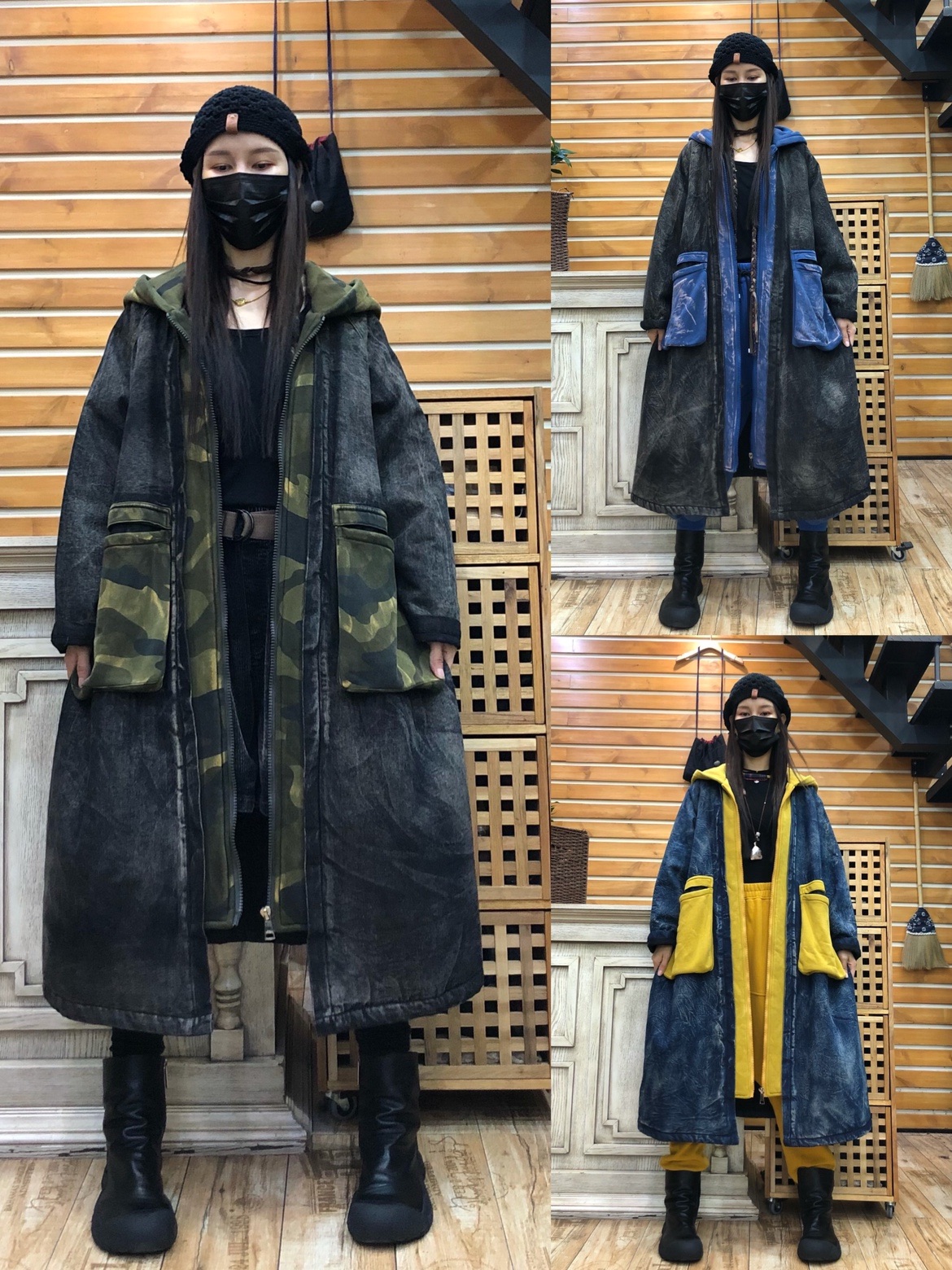 2021年冬季新款撞色夹棉连帽牛仔风衣外套女磨白宽松长袖拉链棉衣