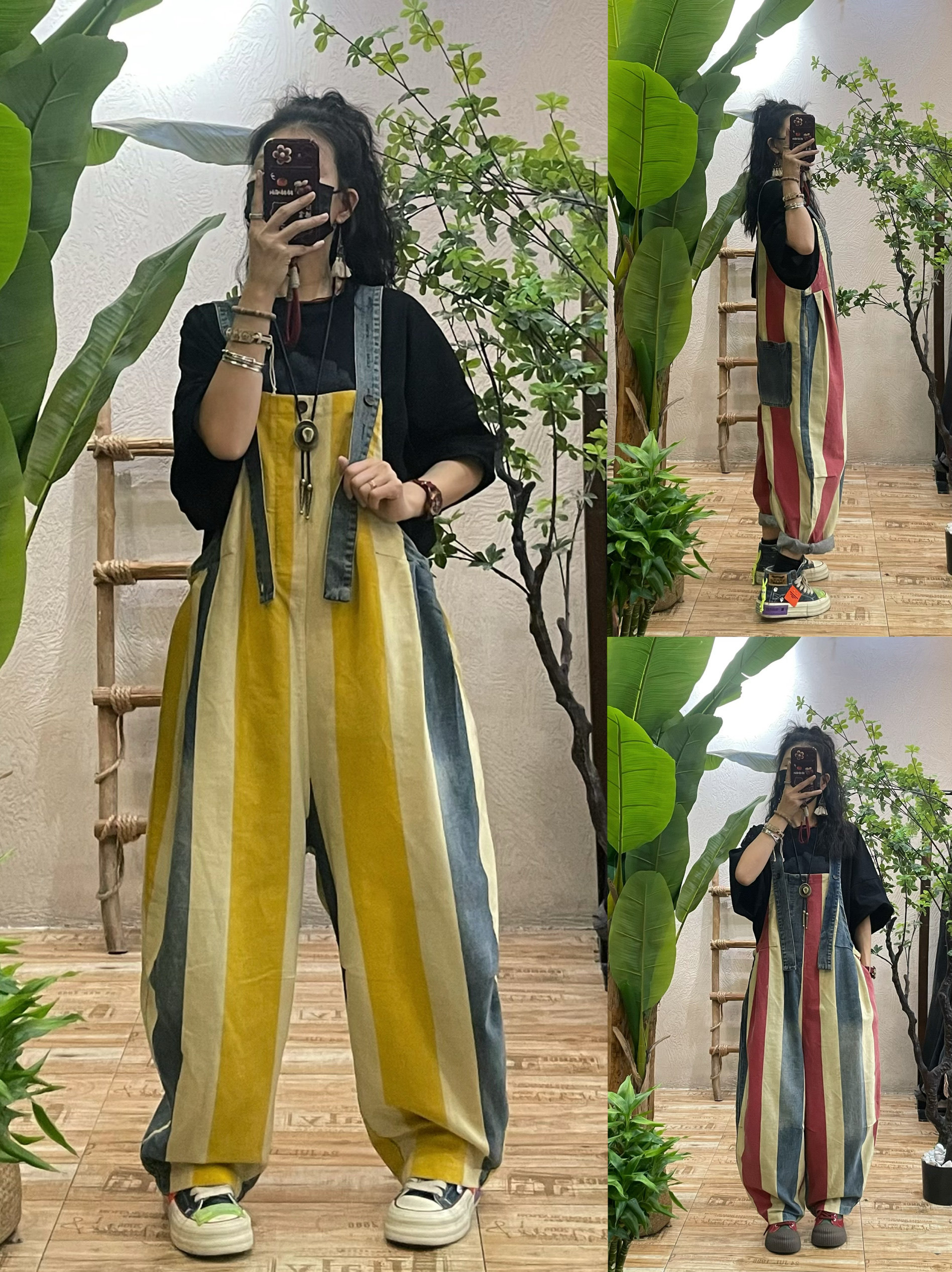 洋气竖条做旧牛仔背带裤女2025春季新款宽松显瘦韩版休哈伦长裤潮