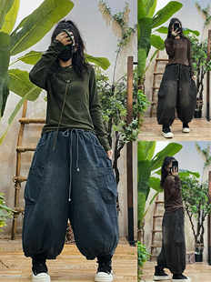 女冬季 八分裤 新款 灯笼裤 宽松休闲个性 原创复古做旧夹棉牛仔阔腿裤