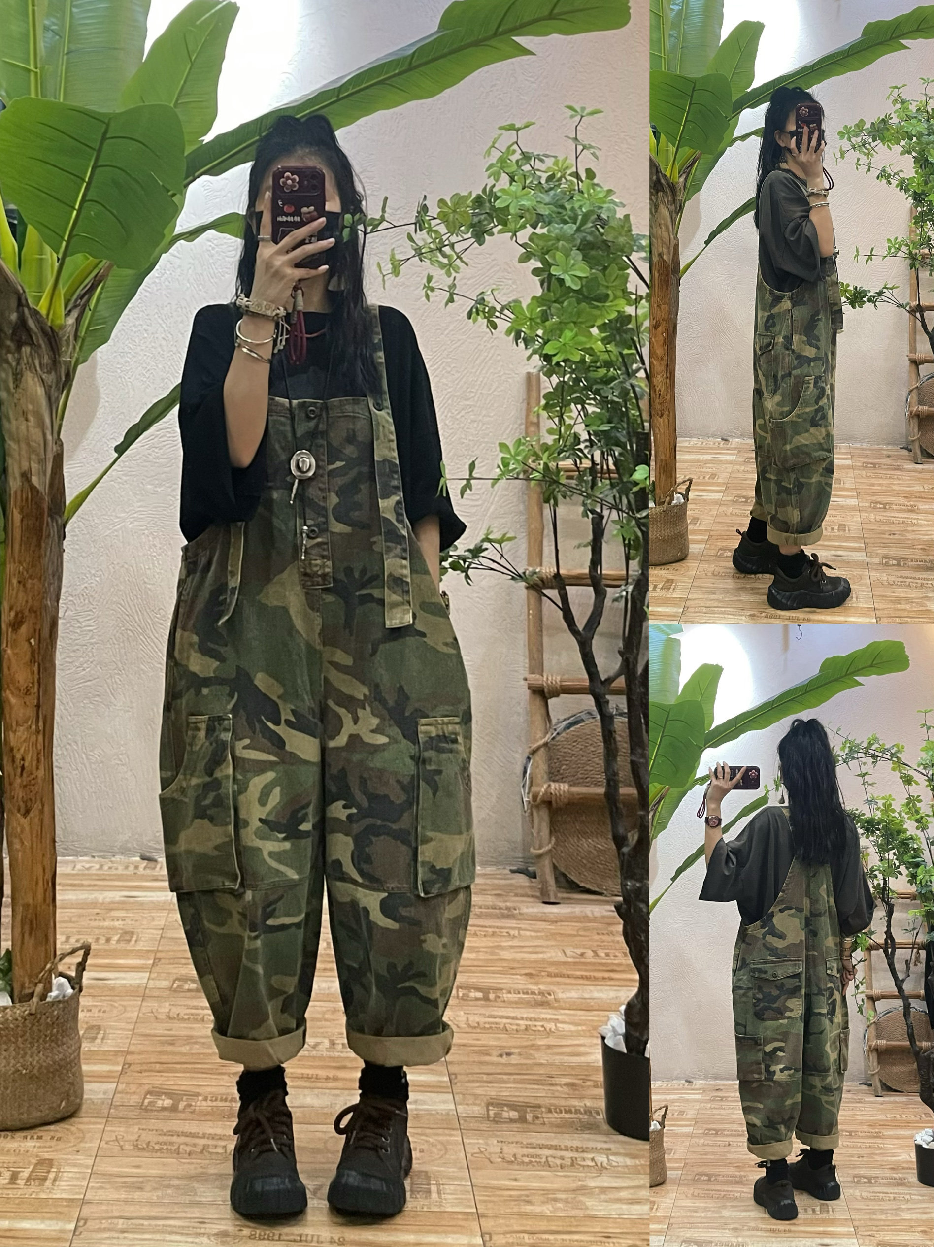 复古做旧牛仔背带裤女2025春秋新款宽松显瘦休闲九分个性连体裤潮