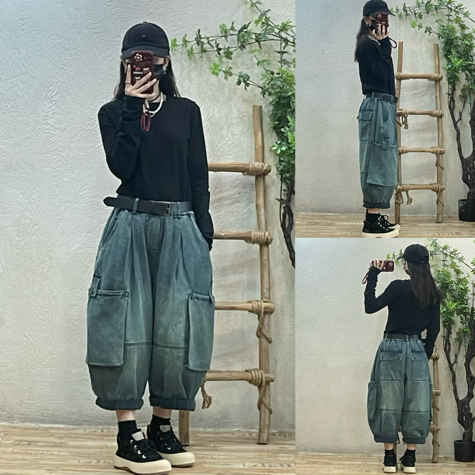 2024冬季新款复古文艺宽松大码休闲牛仔裤女加厚保暖大口袋阔腿裤