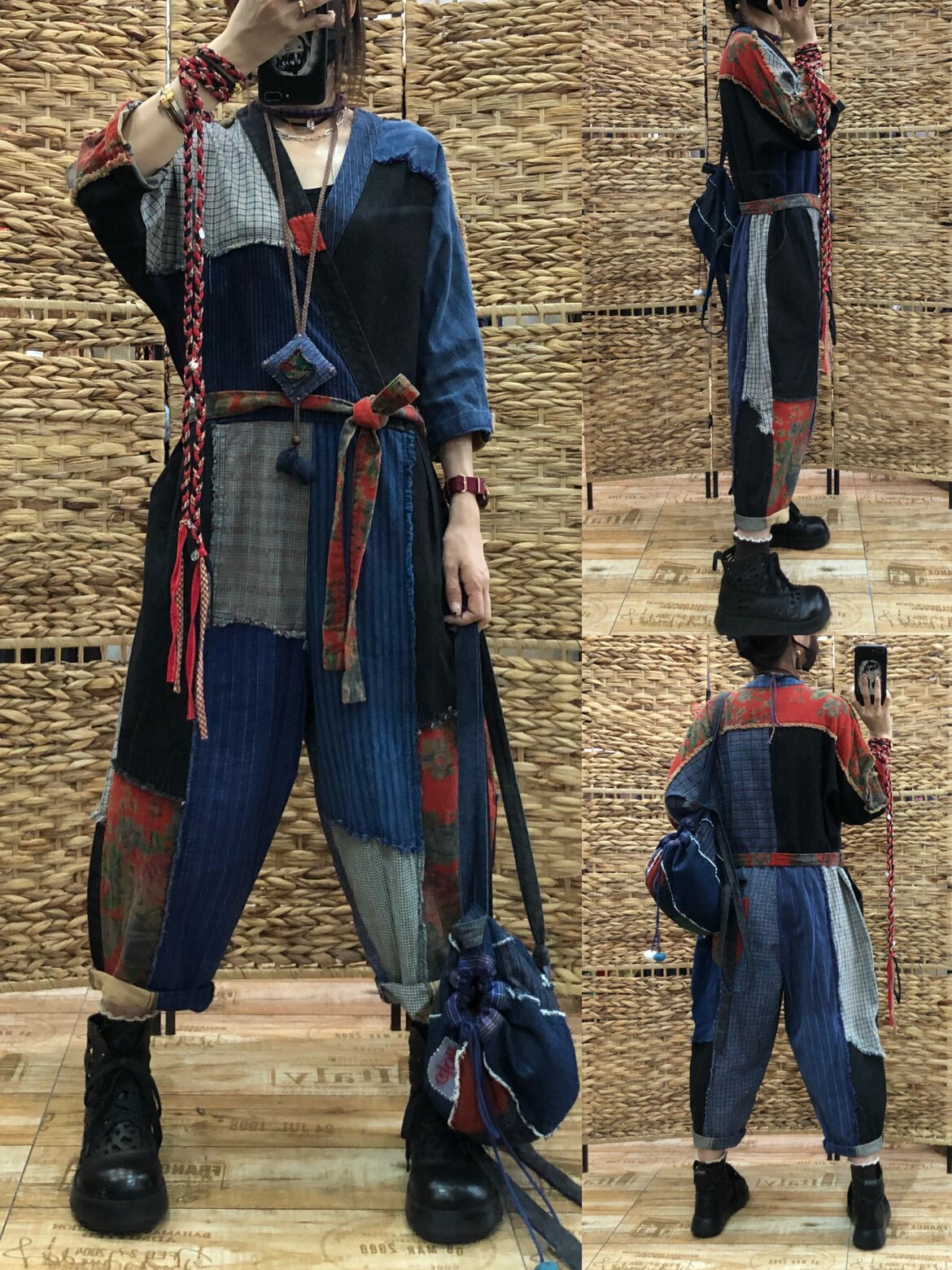 复古文艺印花拼接老布连体裤女 秋季做旧棉麻收腰显瘦宽松九分裤
