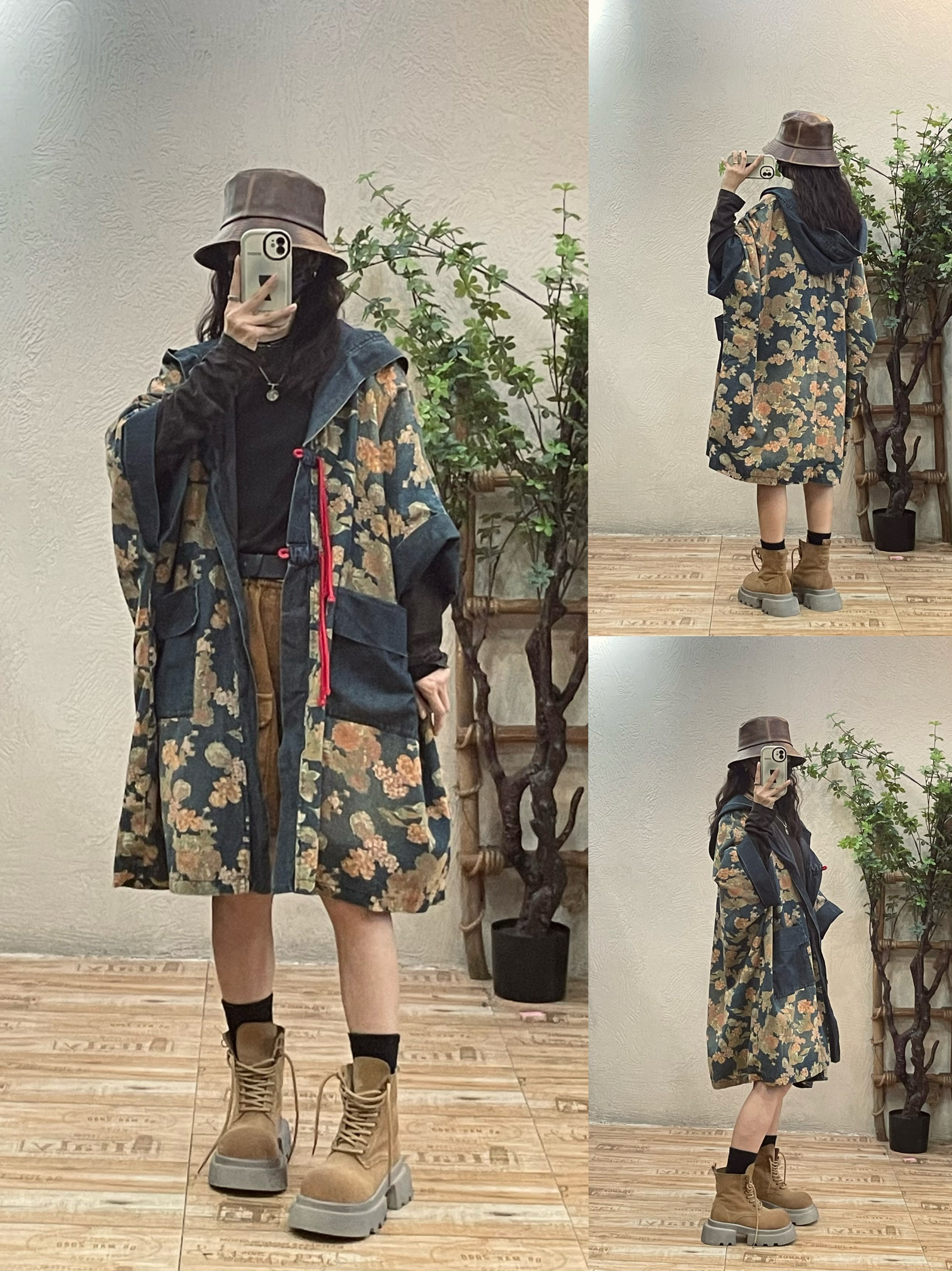 复古印花拼接牛仔外套女 春秋新款宽松大口袋文艺中长款连帽风衣