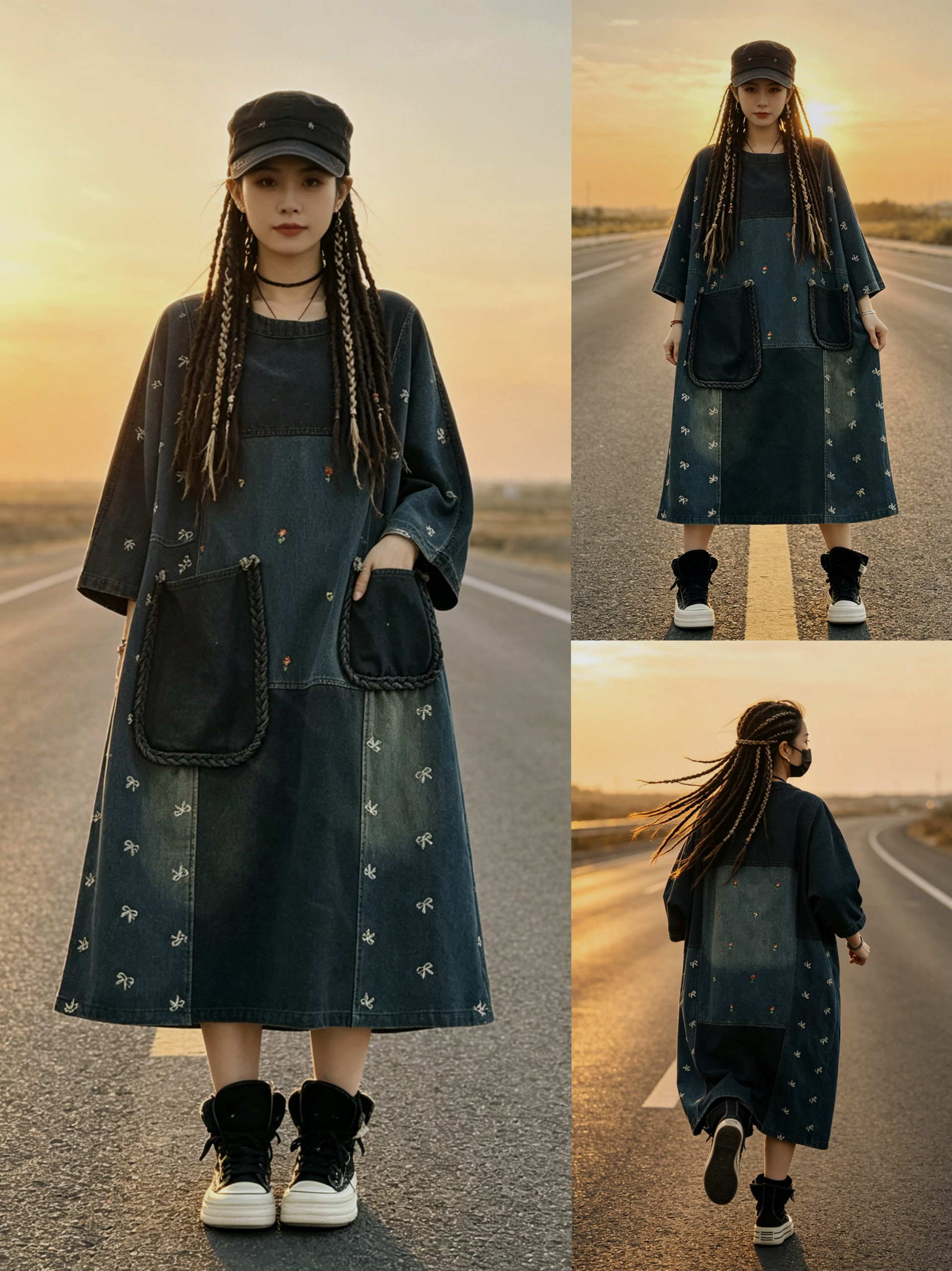 复古做旧拼接牛仔连衣裙女 春季新款宽松显瘦韩版休闲中长款裙子