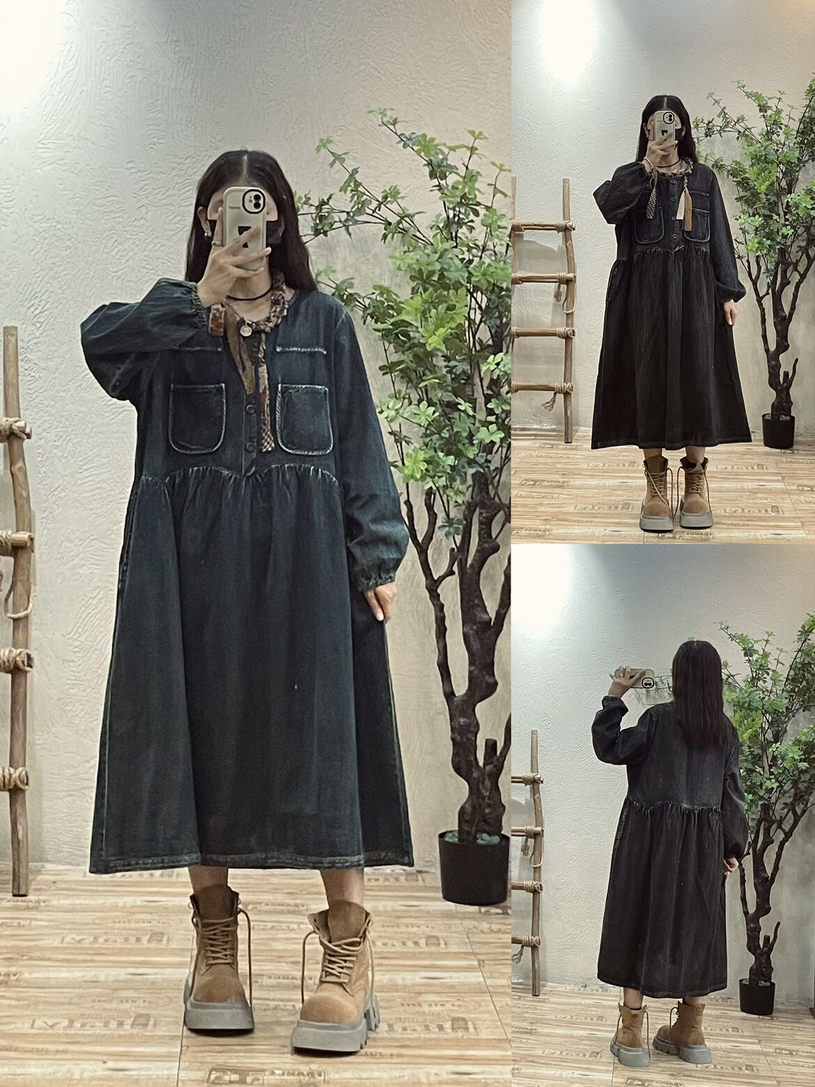 复古高腰拼接牛仔连衣裙女 秋季新款宽松日系百搭圆领A字摆中长裙