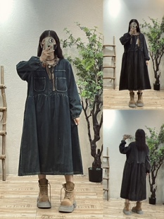 复古高腰拼接牛仔连衣裙女 秋季新款宽松日系百搭圆领A字摆中长裙