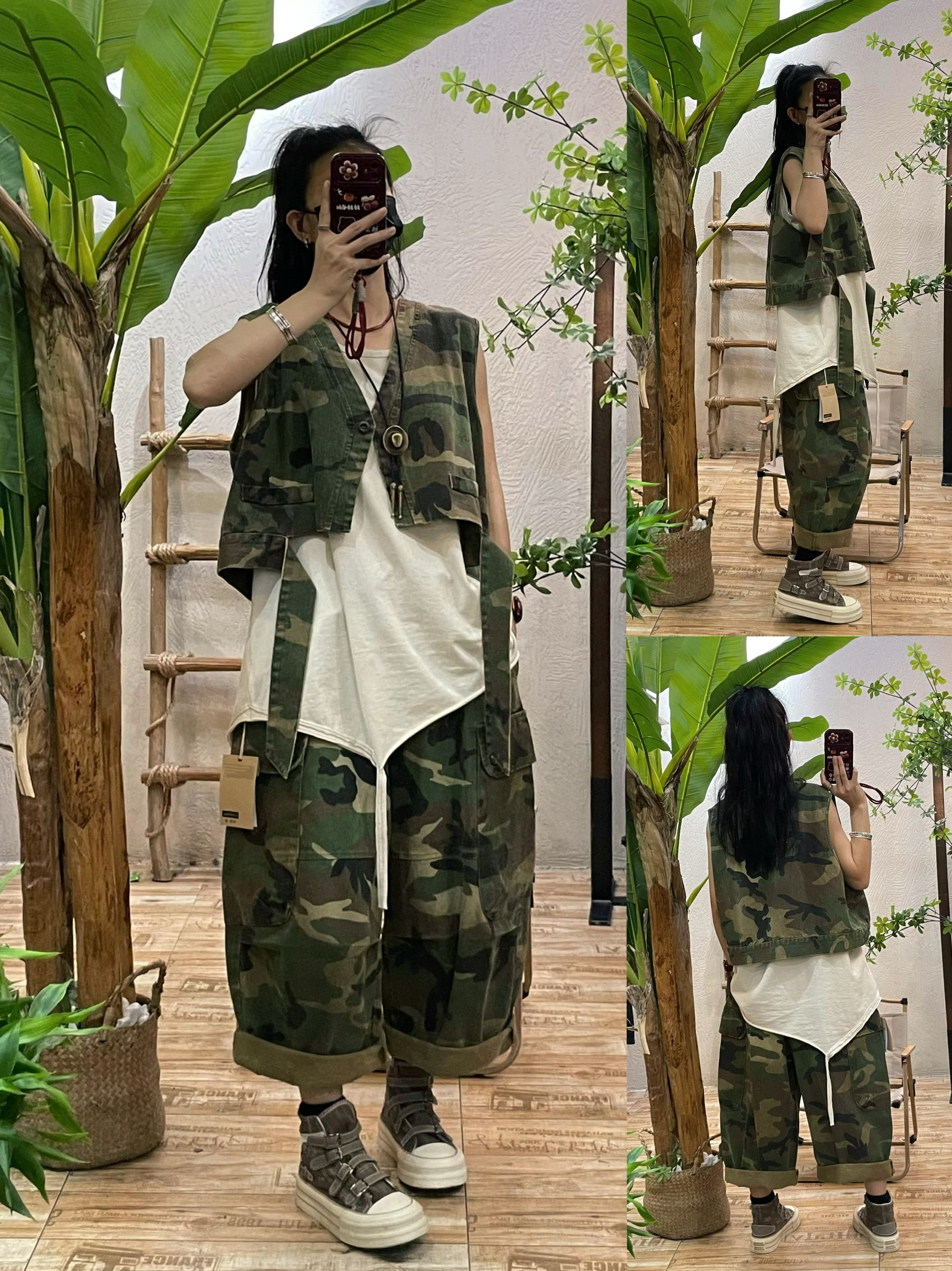 迷彩牛仔工装裤马甲两件套女春季新款宽松休闲九分阔腿裤个性套装