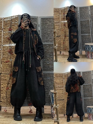 复古拼接牛仔外套灯笼裤套装女 2023秋装新款宽松做旧休闲两件套