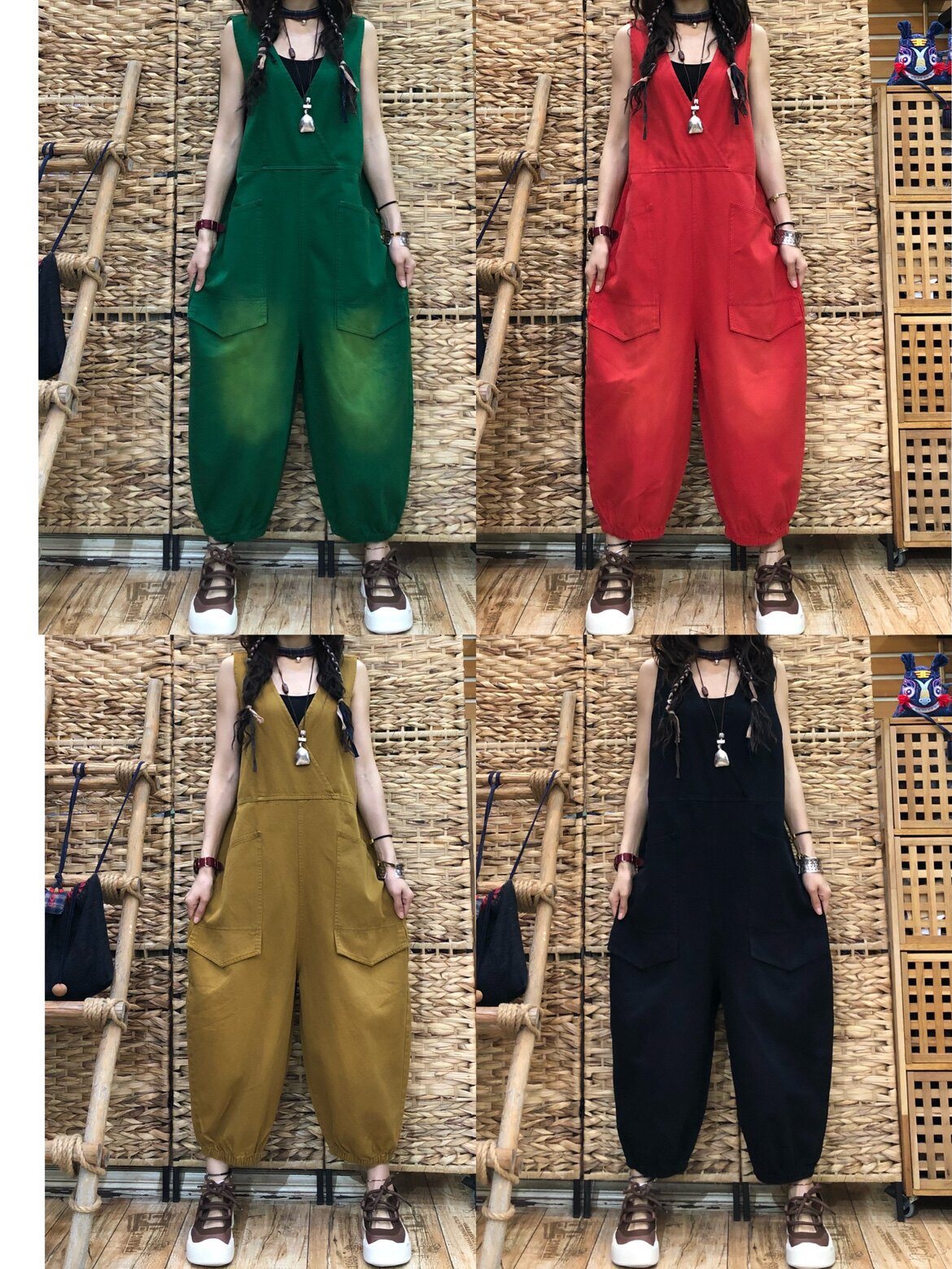 纯色无袖背心连衣裤女 2022年春夏新款宽松V领水洗磨白高腰连体裤