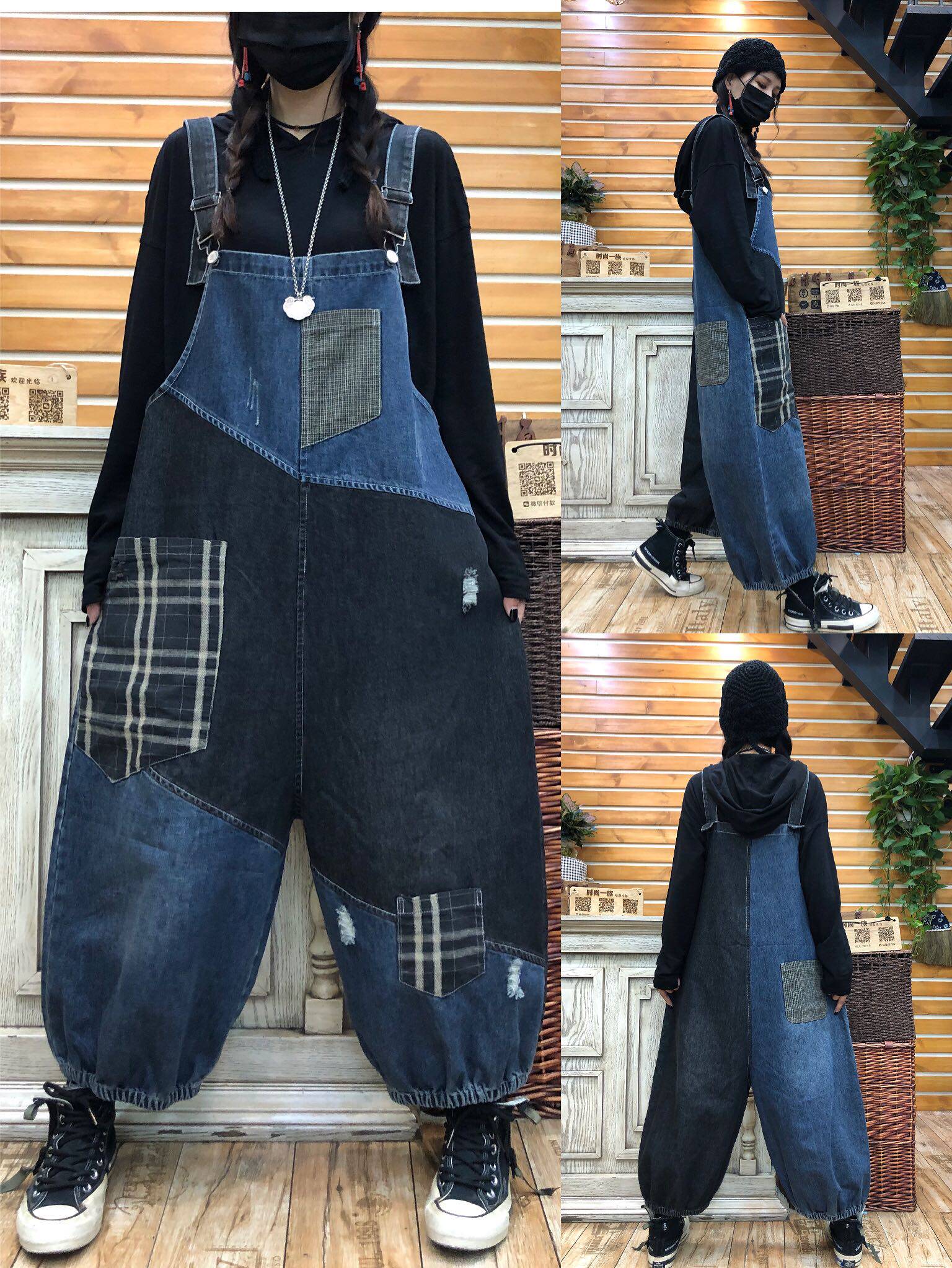 休闲撞色牛仔背带裤女 2021春夏欧货时尚大码宽松显瘦垮裤灯笼裤