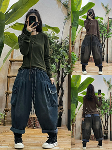 复古做旧加老布工装牛仔裤女冬季新款宽松休闲个性撞色哈伦九分裤