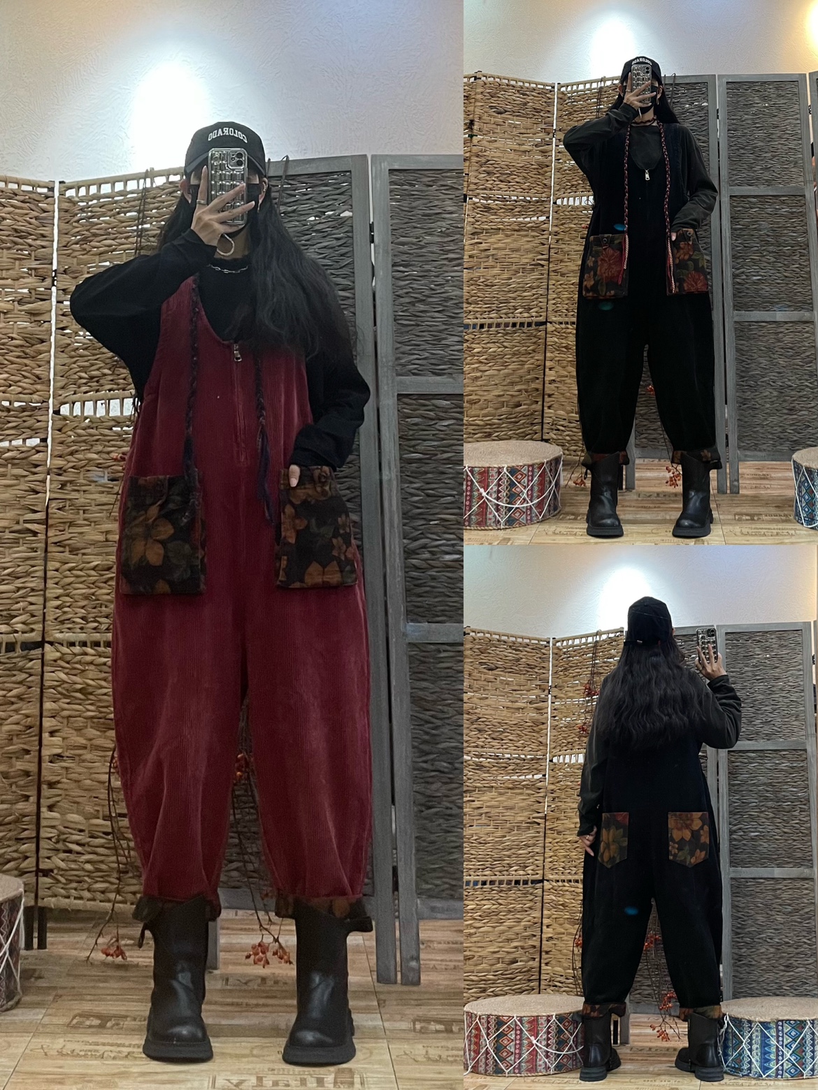 复古灯芯绒印花大口袋背心连衣裤女 2023秋季新款宽松高腰连体裤