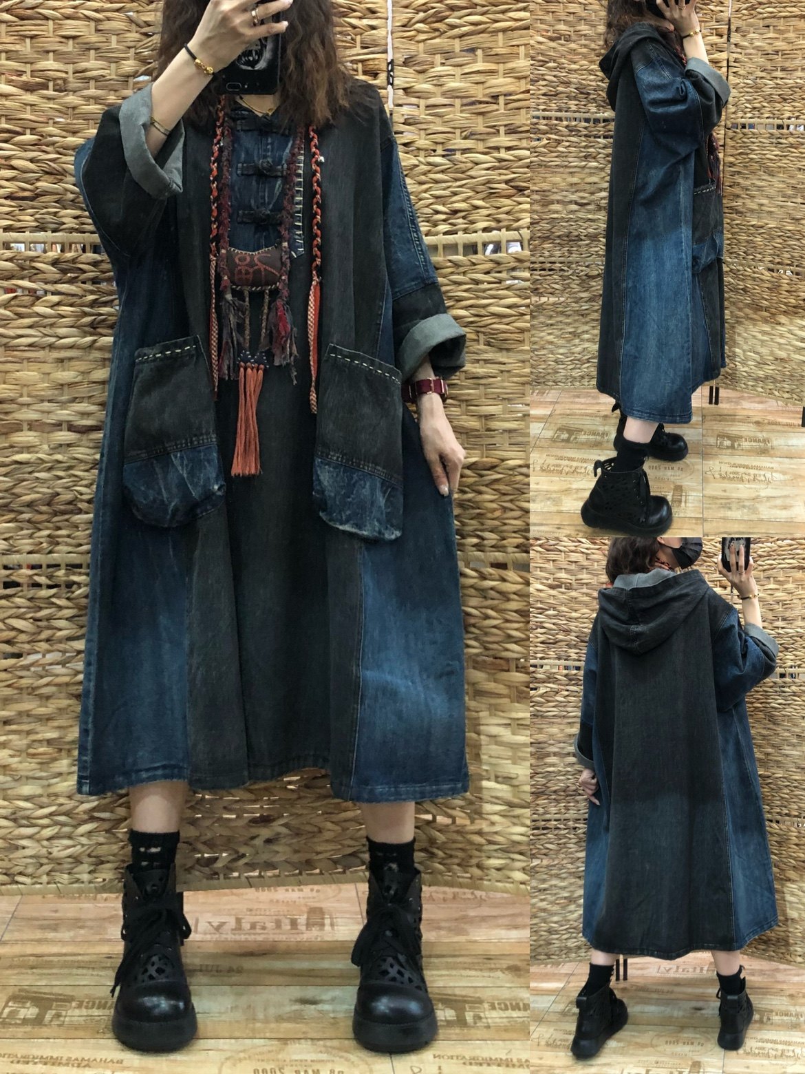 复古盘扣撞色口袋牛仔连衣裙女 秋冬新款宽松磨白洋气连帽卫衣裙