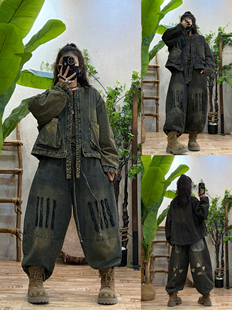 原创复古做旧加棉牛仔外套+哈伦裤两件套女 冬季新款宽松个性套装