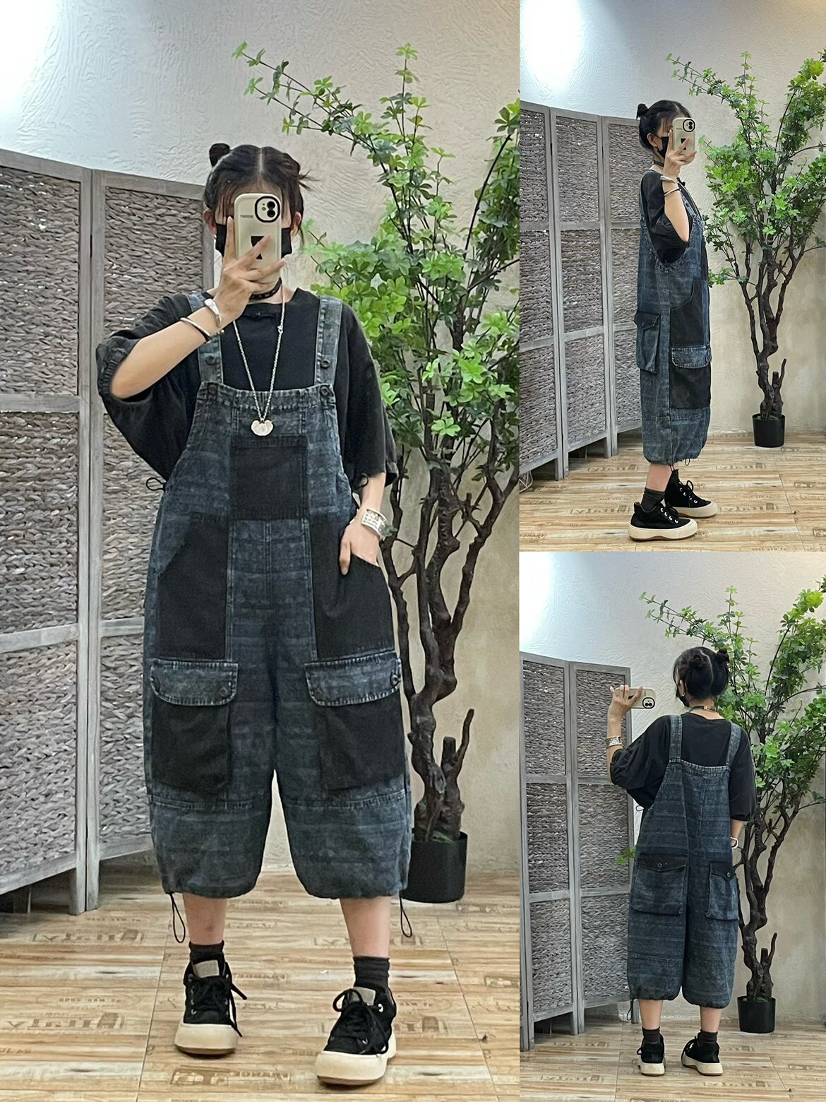 复古印花牛仔背带裤女 早秋新款宽松遮肉高腰休闲八分连体灯笼裤