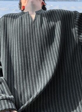 肌理感灰色v领长袖t恤男秋季美式慵懒高街卫衣学生叠穿内搭打底衫
