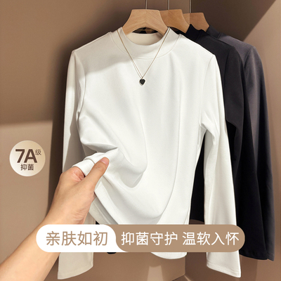 打底衫女长袖白色加绒加厚2025新款春秋修身半高领T恤内搭上衣潮