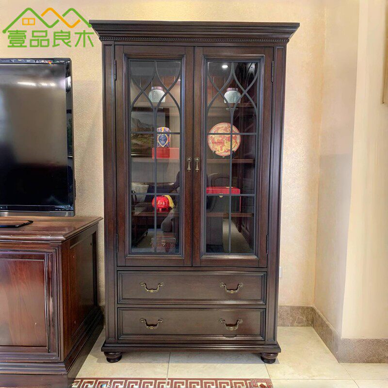 美式双门书柜实木家用书橱书架两门展示柜客厅带玻璃落地储物酒柜
