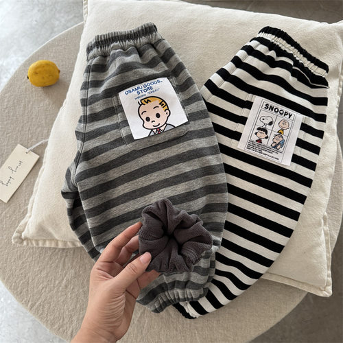 2025冬季新款童装加绒裤子条纹