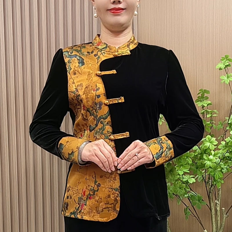 妈妈装秋装高档丝绒衬衫