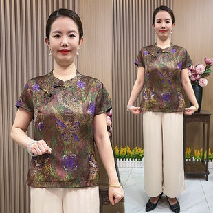 夏季妈妈装新中式国风立领提花宽松气质短袖小衫上衣国风两件套装