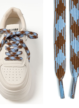 小白鞋鞋带扁平蓝咖色交织花纹配色学院风帆布鞋厚底板鞋面包鞋带