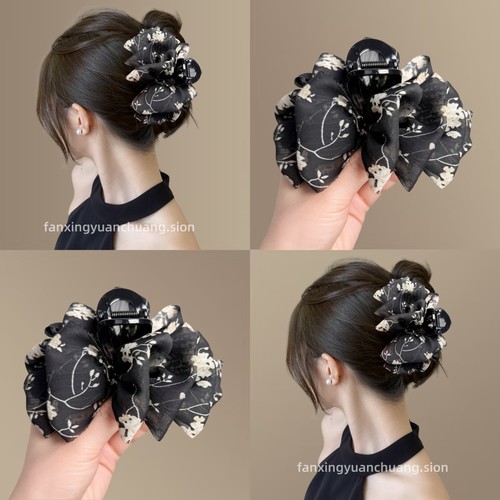 新中式国风云朵泡泡碎花丸子头抓夹女高级感后脑勺盘发夹子头饰