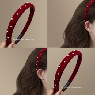 【霜叶红玫】法式甜美酒红色珍珠丝绒发箍简约百搭头箍旅行发卡