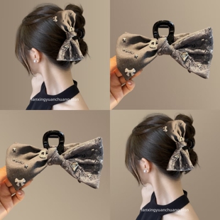 爱惨了~东大门灰色蕾丝抓夹ab面蝴蝶结鲨鱼夹闪钻发抓旅行发卡