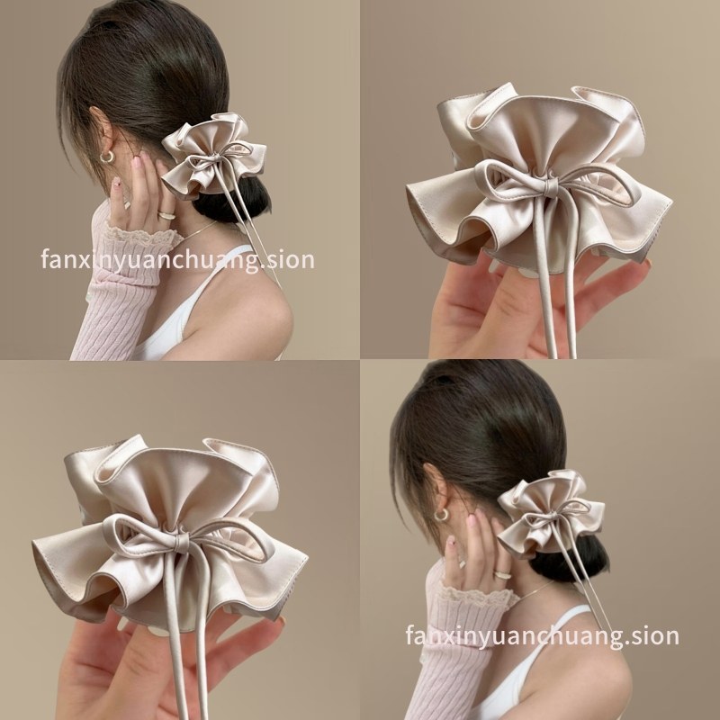 温柔雾色~缎面双层褶皱蝴蝶结飘带大肠发圈女高级感旅行发卡头绳