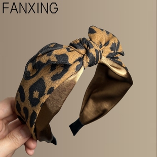 韩国复古豹纹撞色蝴蝶结宽边发箍高级感简约百搭布艺高颅顶头箍