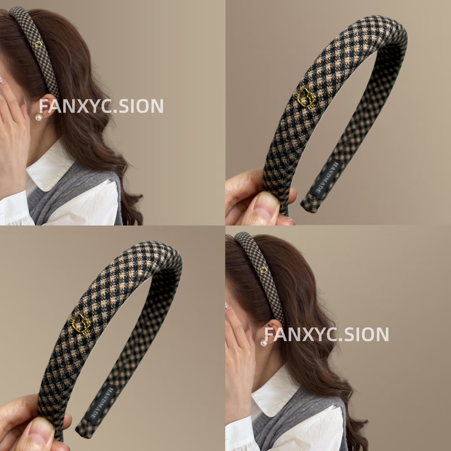 韩女学院风新款猫咪格纹头箍